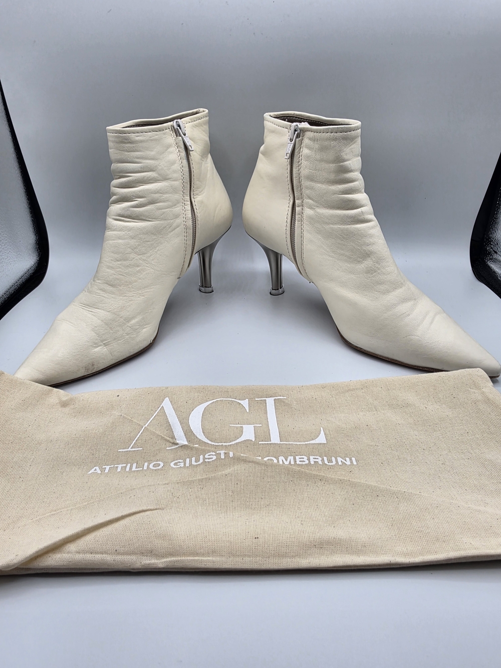 AGL Off-White Leather Pointed Ankle Booties with Silver Heel